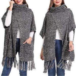 Beautifully Crafted Tassel-Trim Turtleneck Knit Poncho (with Pockets!)